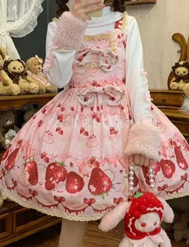 Design Lolita Strawberry Print Cute JSK Suspender Dress Sweet Cat Lolita Daily Lolita Cape Jsk Dress Set Spring - Aliexpress - FashionsVida
