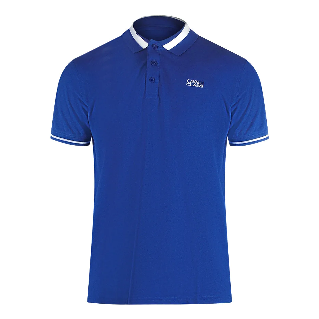 Mens Bold Stripe Collar Iris Blue Polo Shirt Cotton - Size Large - Cavalli Class - FashionsVida