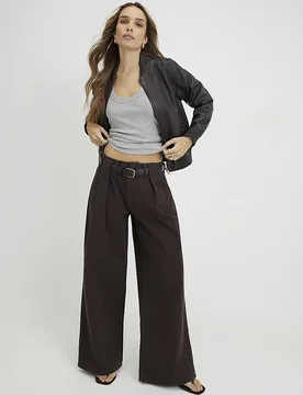 Womens Wide Leg Jeans Brown Belted Pleated Cotton - Size 16 Short - River Island - FashionsVida