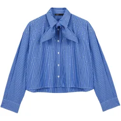 Camisa corta de rayas de mujer de algodón con lazo lavallière desmontable y pedrería