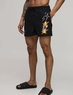 Men's Star Doodle Print Short Length Swim Short Black Size Large Black L - boohooMAN - FashionsVida