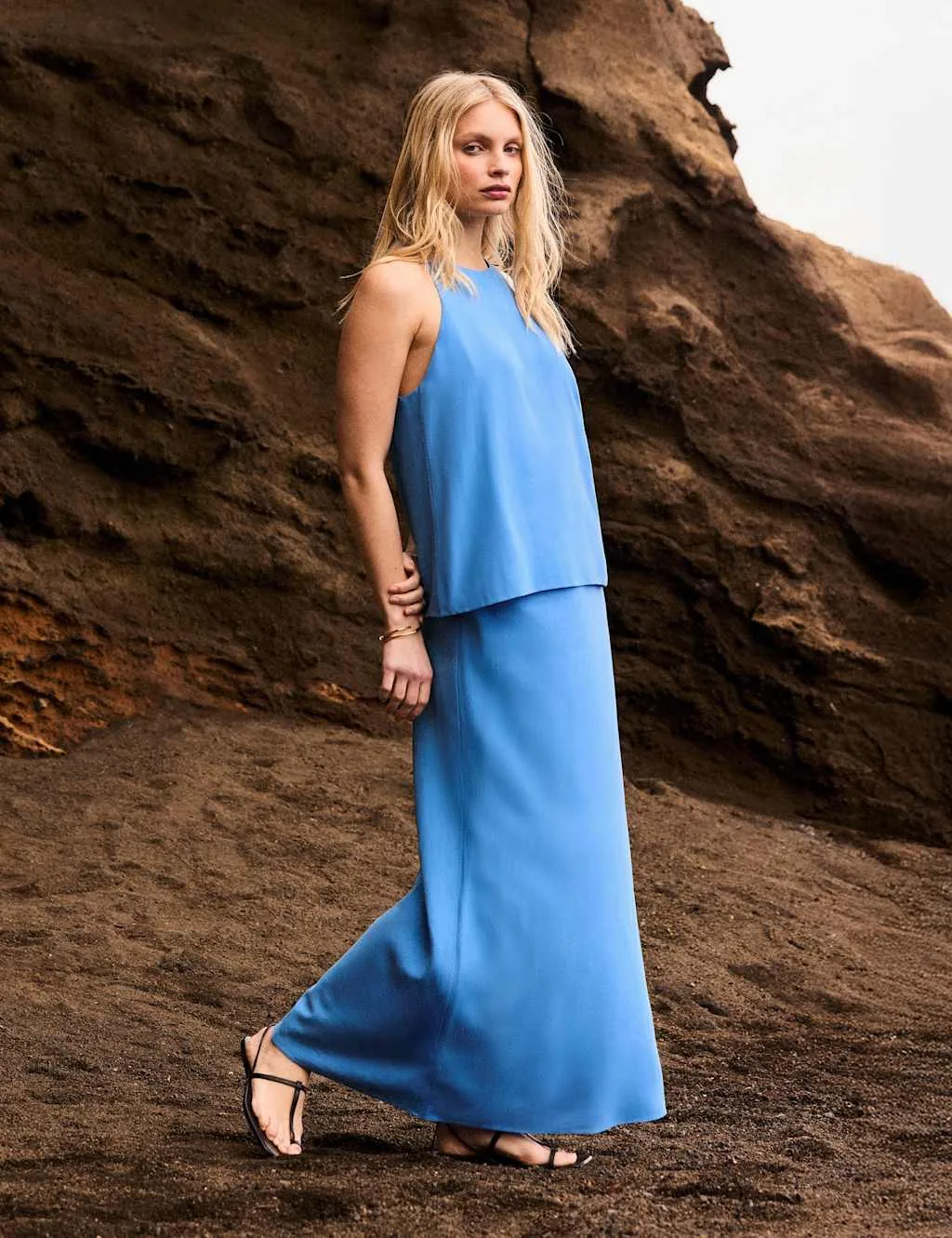 Drawstring Maxi Slip Skirt with Linen Mid Blue female - RO&ZO - FashionsVida