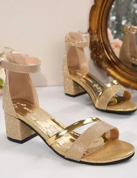 Nuevos tacones altos para fiesta 2025 de 5,5 cm de tacón grueso, sandalias con brillo de moda y lindas para adolescentes - Shein - FashionsVida