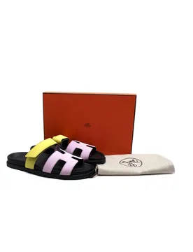 Hermès Violet Petale and Vert Lime Satin Chypre Sandals - Hermes - FashionsVida