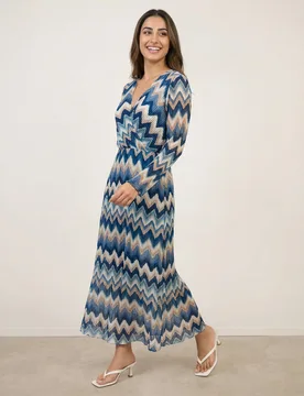 Pleated Zig Zag Print Dress - L/XL / BLUE - female - Blue Vanilla - FashionsVida