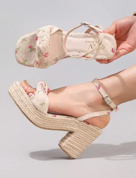 Sandalias de cuña con plataforma de suela gruesa y cuerda bordada, punta abierta, tacón alto, estilo casual para vacaciones de verano y uso diario, - Shein - FashionsVida