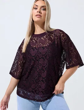 Women's All Over Lace T-Shirt in Purple Size: 18 - Purple - Size: 18 - Yours - FashionsVida