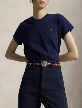 T-shirt girocollo Polo blu navy in jersey di cotone con logo Pony ricamato - Ralph Lauren - FashionsVida