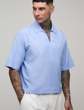 Herren Großes Übergroßes Kastenförmiges Popeline-Streifen-V-Ausschnitt-Polohemd Light Blue Größe XL