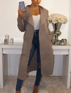 Womens Waterfall Duster Belted Long Coat - Mocha - Size Uk 12-14 (Womens) - Femme Luxe - FashionsVida