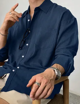 Camisa formal de manga larga azul marino para hombre, primavera - Shein - FashionsVida