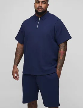 Men's Plus Regular Fit Waffle Polo & Short Set Navy Size 3X-Large Navy 3XL - boohooMAN - FashionsVida