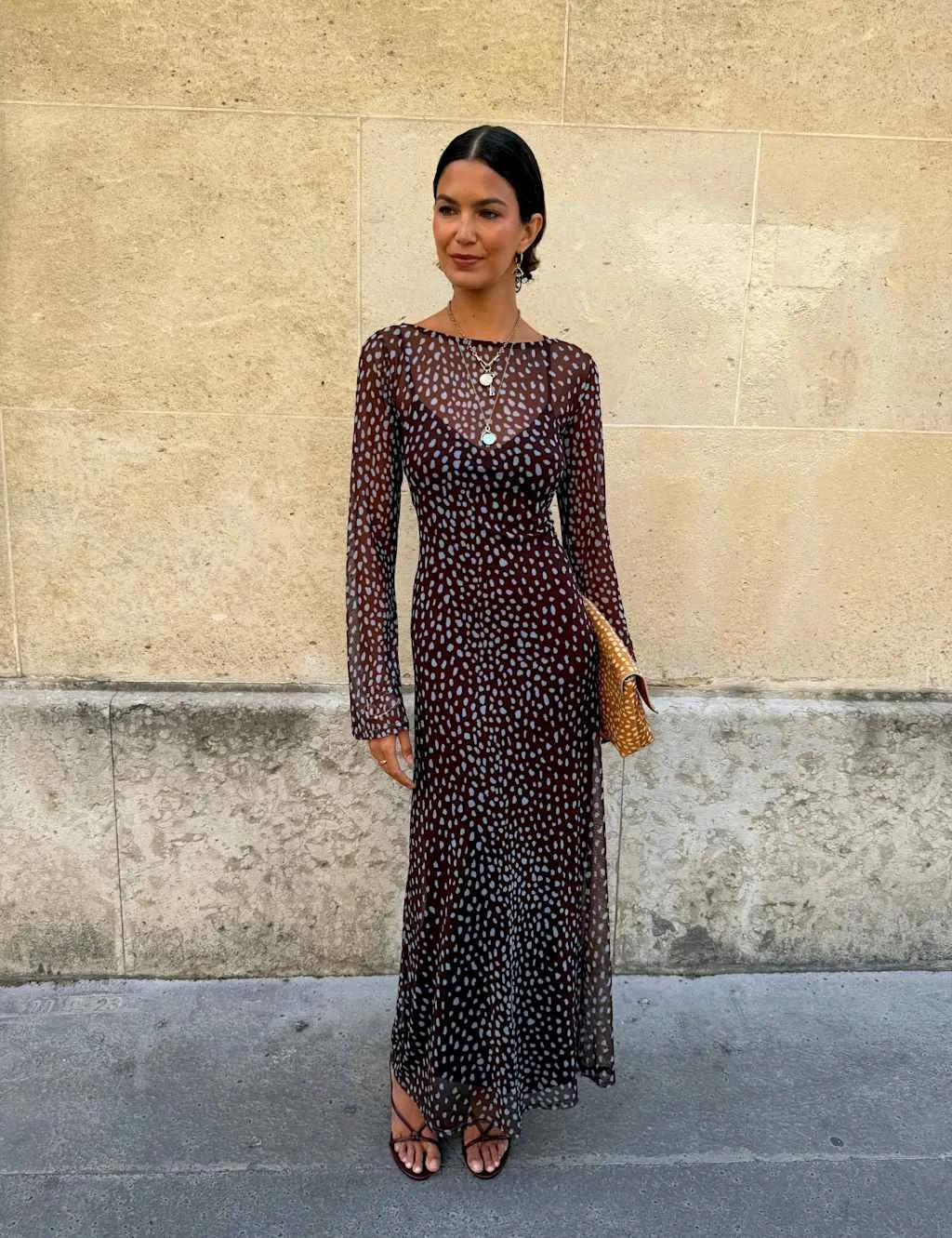 Mesh Print Fitted Maxi Dress Brown Mix female - Never Fully Dressed - FashionsVida