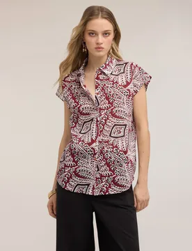 Camisa de mujer de muselina de algodón con estampado ajuste boxy cierre frontal con botones - Motivi - FashionsVida