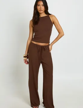 Womens Soft Rib Vest And Straight Leg Trouser Co-Ord - Chocolate Elastane - Size 10 Uk - Boohoo - FashionsVida