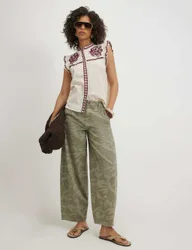 Pure Cotton Dobby Embroidered Ruffle Blouse Cream Mix female