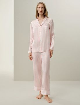 Pyjama soie charmeuse 19 Momme rayé doux luxe rose pâle XS