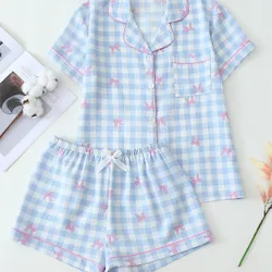 Conjunto de pijama de 2 piezas para mujer con top de manga corta con cuello y estampado de lazo a cuadros y shorts con lazo, cómodo, primavera/verano
