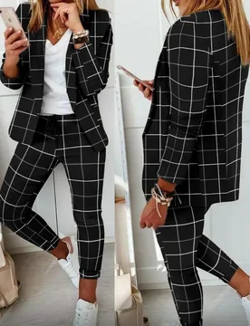 Two Piece Set Women Outfit Office Ladies 2023 Autumn Plaid Print Long Sleeve Elegant Blazer Coats & Drawstring Work Pants Set - Aliexpress - FashionsVida
