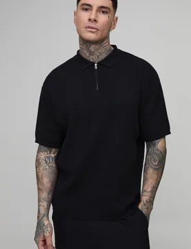 Men's Tall Oversized Boxy 1/4 Zip Cotton Blend Knitted Polo Black Size X-Large Black XL - boohooMAN - FashionsVida