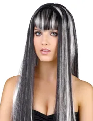 Damen Halloween-Perücke lang mit Pony schwarz-weiss - female