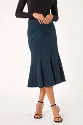 Flared Textured Midi Stretch Skirt - Teal - Size: 10