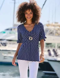 Polka Dot V-Neck Ring Detail Tunic Navy Mix female