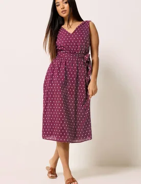 Women's Petite Dobby Tie Waist Midi Dress in Raspberry Size: 16 - Raspberry - Size: 16 - M&Co - FashionsVida