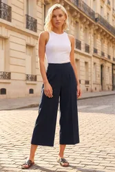 Women's Petite Cropped Wide Leg Stretch Trouser in Navy Size: 14 - Navy - Size: 14