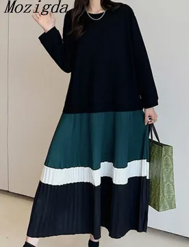 Spring Autumn Patchwork Pleated Dress Woman Robe Femme Elbise Cotton Loose Plus Size Long Sleeve Ladies Dresses Vestidos - Aliexpress - FashionsVida