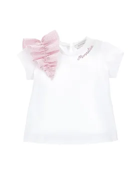T-shirt bianca in cotone a maniche corte con maxi rouche in fantasia a righe rosa - Monnalisa - FashionsVida
