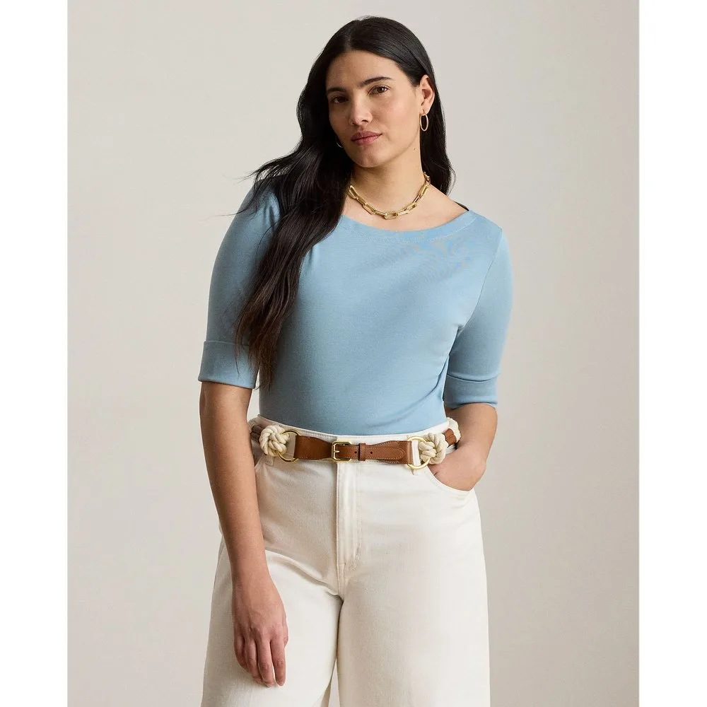 Camiseta de mujer talla grande de algodón con cuello barco - Lauren Ralph Lauren Woman - FashionsVida