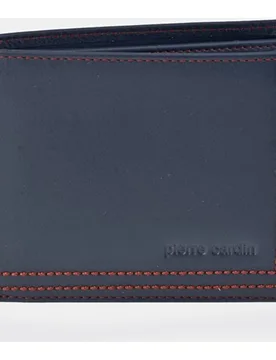 Cartera americano hombre con monedero en piel color negro y costuras azules - Pierre Cardin - FashionsVida
