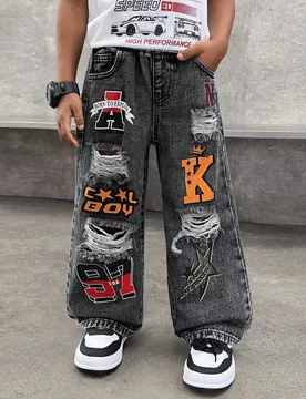 Pantalones vaqueros negros de pierna recta, ajuste holgado, con estampado de letras de grafiti desgastado y desgarrado para niños pequeños/niños pe - Shein - FashionsVida