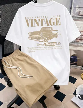 Conjunto casual de verano para hombre con camiseta de cuello redondo con estampado de letras de manga corta y pantalones cortos - Shein - FashionsVida