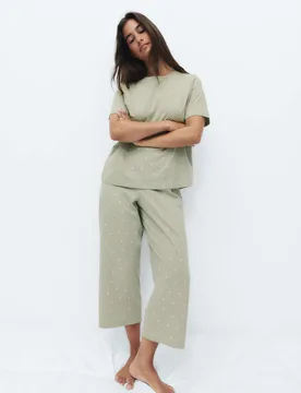 Cotton Rich Printed Cropped Pyjama Set Soft Green female - M&S - FashionsVida