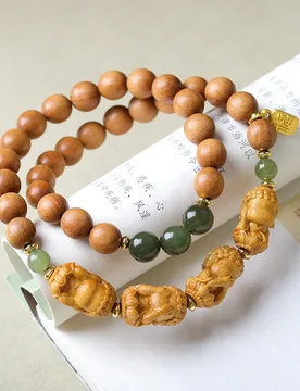 Sandalwood double-ring bracelet play four not Buddha Chinese and field jade string beckoning cat fortune fortune transfer and - Aliexpress - FashionsVida