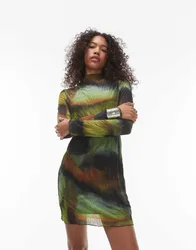 Womens Long Sleeve Crinkle Mini Dress In Grunge Print In Multi - Multicolour