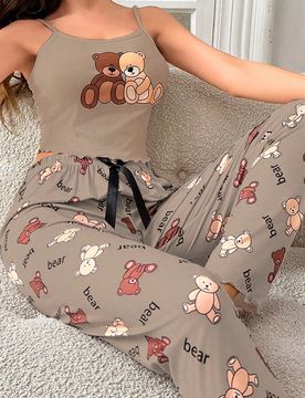 Conjunto de pijama de camiseta de tirantes y pantalones con estampado de oso para mujer