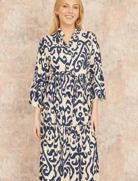 Women's Navy Block Print Kaftan in Ivory Size: 12 - Ivory - Size: 12 - Yumi - FashionsVida
