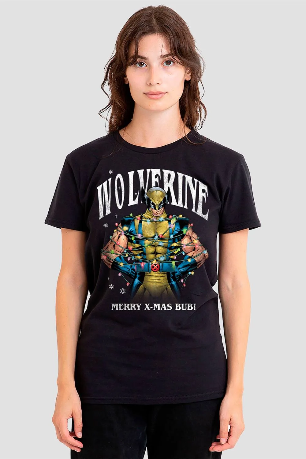 Women's Wolverine Merry Xmas Bub T-Shirt, Black Size: Medium - Black - Size: M - Marvel - FashionsVida