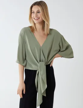 Tie Front Oversized Batwing Top - M/L / KHAKI - female - Blue Vanilla - FashionsVida