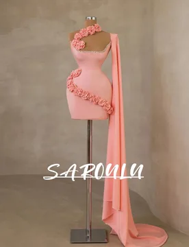 Flowered Neckline Chic Short Evening Dress With Shoulder Cape Pink Flowy Satin Charming Homecoming Party Customized Prom Gown - Aliexpress - FashionsVida