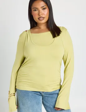 Womens Plus Soft Double Layer Long Sleeve Top - Green Viscose - Size 26 Uk - Boohoo - FashionsVida