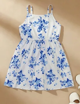 Vestido de tirantes con estampado floral de estilo chinoiserie para niña, estampado floral y botánico, vestido con cintura ceñida, estilo de resort - Shein - FashionsVida