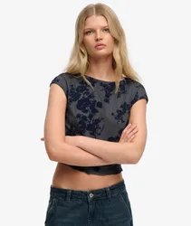 Superdry Damen Beflocktes Mesh-oberteil mit Kurzen Ärmeln Blue - Größe: 38