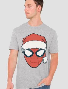 Spiderman Christmas Santa Hat Portrait T-Shirt, Athletic Heather - Light Grey - Size: L - Marvel - FashionsVida