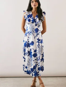 Floral Print Bias Cut Satin V Neck Dress - Ivory - Size: 10 - Wallis - FashionsVida