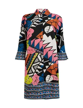 Vestido de mujer de playa de la colección pasarela completamente abotonado y estampado geométrico de colores vibrantes - Dolores Cortés - FashionsVida