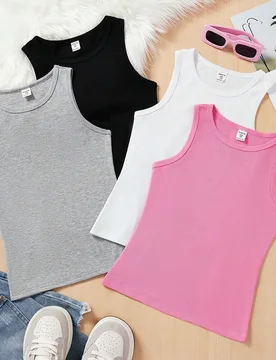 Top de tejido de punto para niña preadolescente de unicolor sin mangas con cuello redondo - Shein - FashionsVida